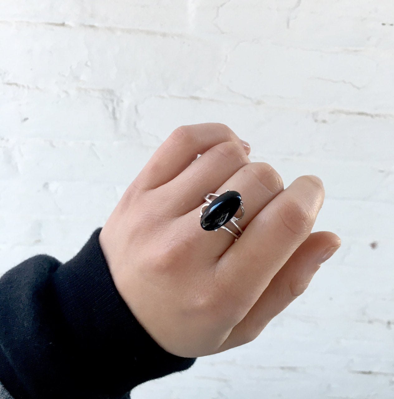 Vintage Ring Genuine Onyx 18k White Gold Electroplated Cocktail Ring Made in USA