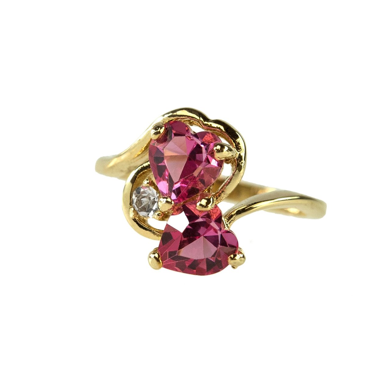 Vintage Ring Cubic Zirconia Double Heart Ring 18k Gold Antique Womans Handmade Jewelry R2342