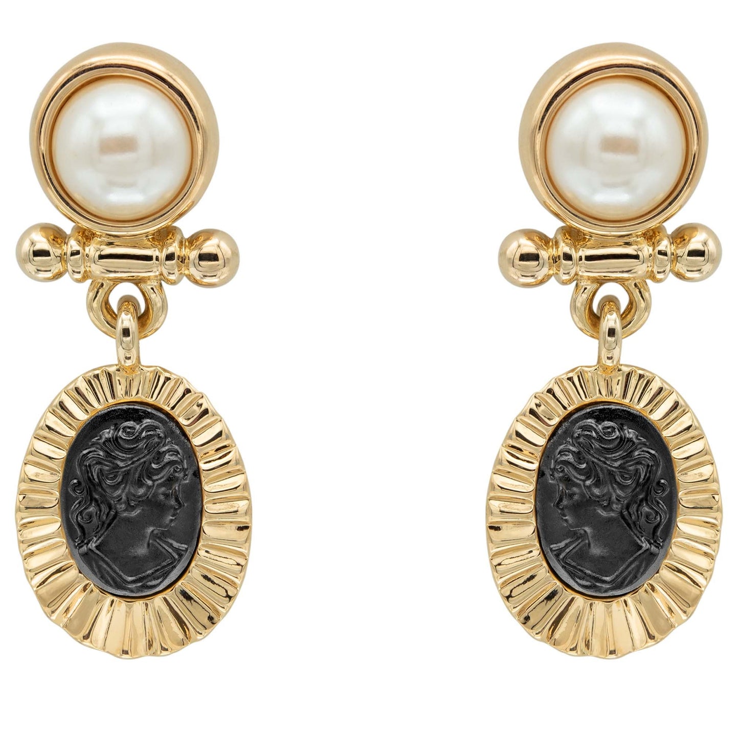 Elizabeth Vintage Gold Antique Pearl and Black Coin Cameo Dangle Earrings