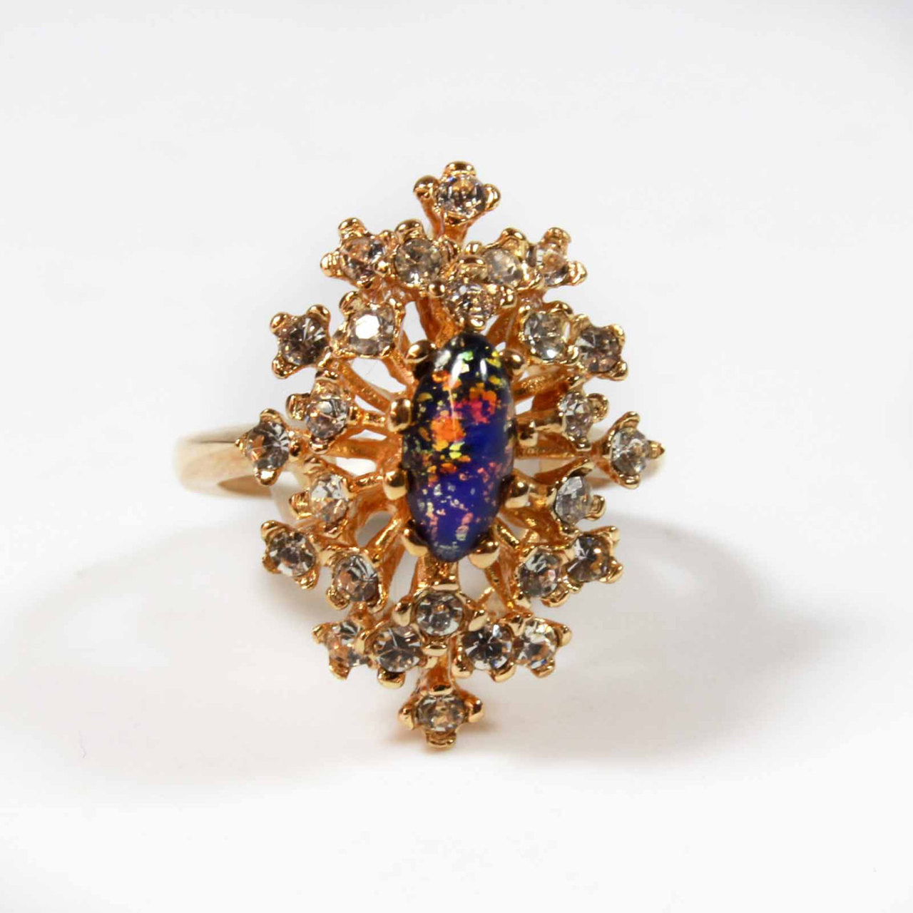 Vintage Ring Genuine Opal with Clear and Ruby Austrian Crystals 18kt Yellow Gold Electroplated