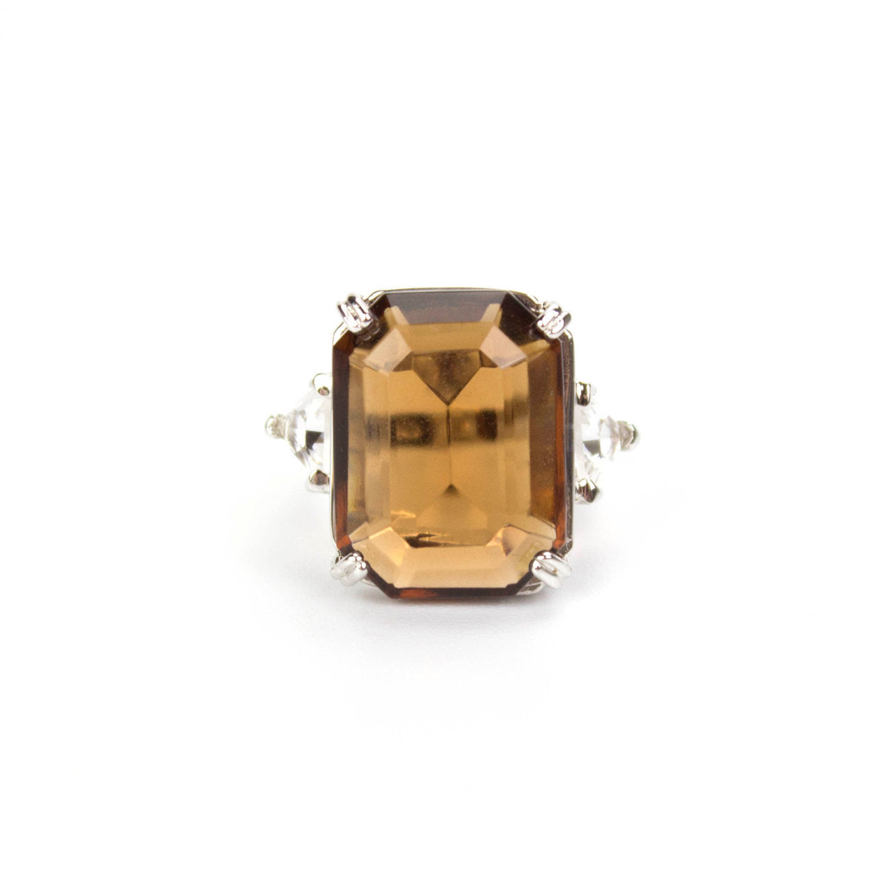 Vintage Ring Cocktail Ring Smoky Topaz and Clear Swarovski Crystals Rhodium Plated Silver Tone #R2239 Size: 9