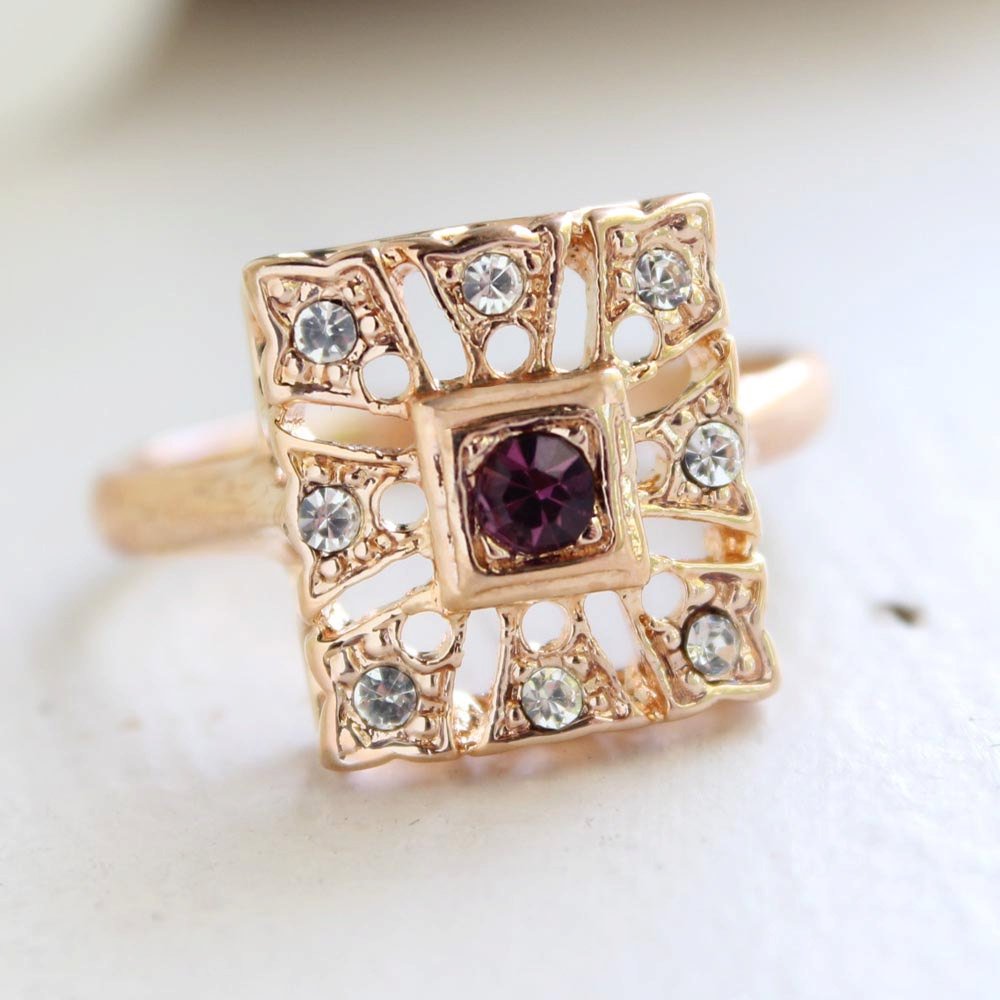 Vintage 1970s Ring Amethyst and Clear Swarovski Crystals 18k Gold Size 10 Only February Birthstone #R1263