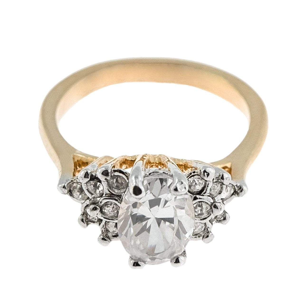 Vintage 1980's Cubic Zirconia Ring with Clear Austrian Crystals 18k Yellow Gold Electroplated