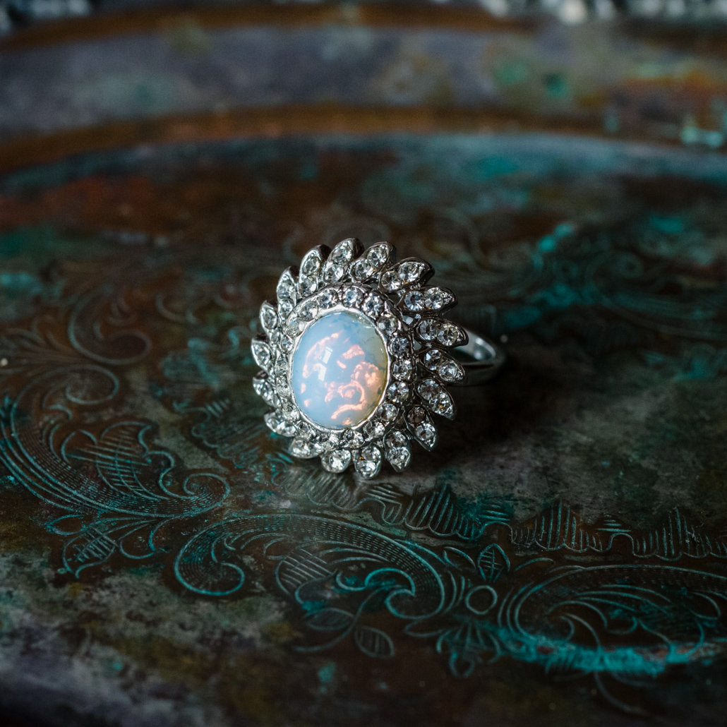 Vintage Jewelry Pinfire Opal Cocktail Ring in a 18k Gold Electroplated Setting Made in the USA