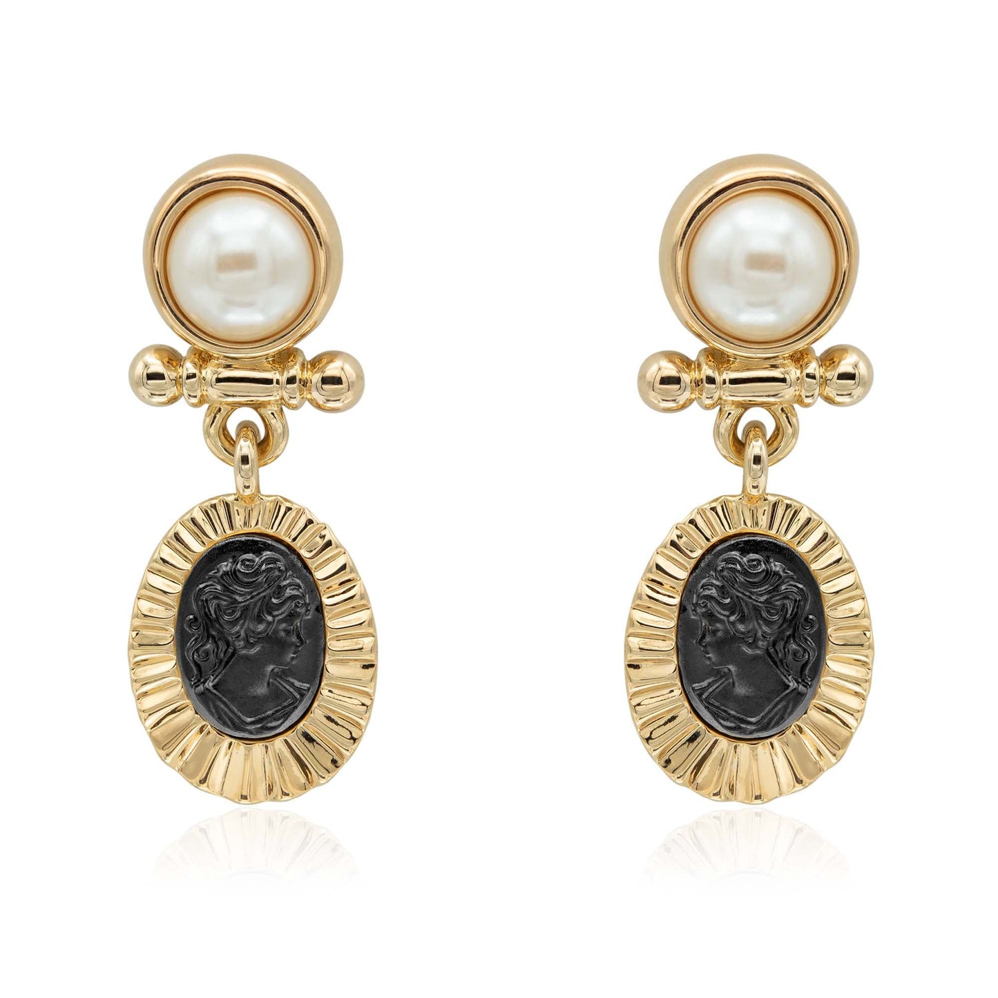 Elizabeth Vintage Gold Antique Pearl and Black Coin Cameo Dangle Earrings