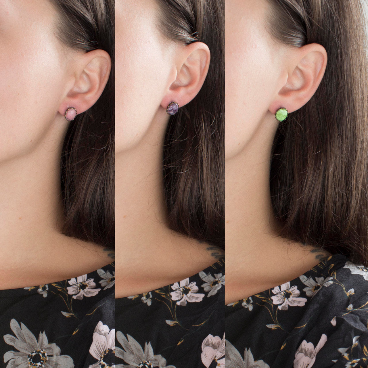 Vintage Oscar De La Renta Green Stone Posts Antiqued Gold Tone Setting Earrings
