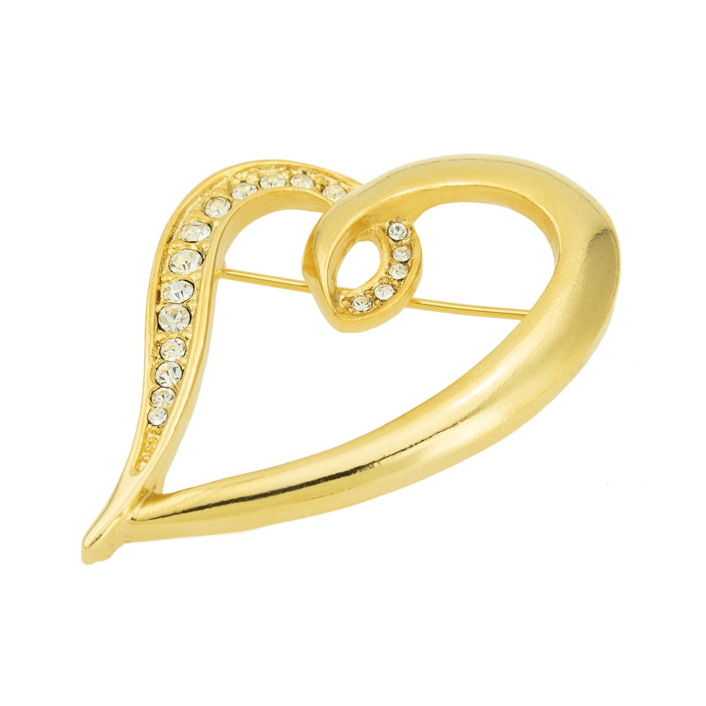 Vintage Heart Pin Clear Austrian Crystals 18k Yellow Gold Electroplated Made in USA