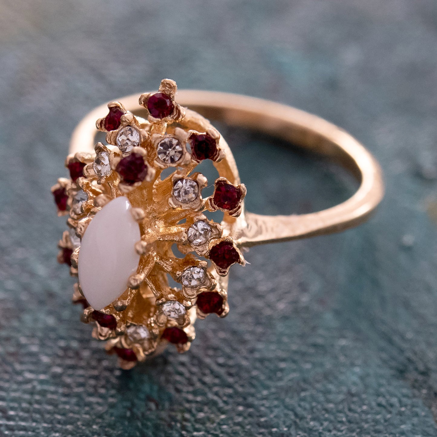 Vintage Ring Genuine Opal with Clear and Ruby Austrian Crystals 18kt Yellow Gold Electroplated