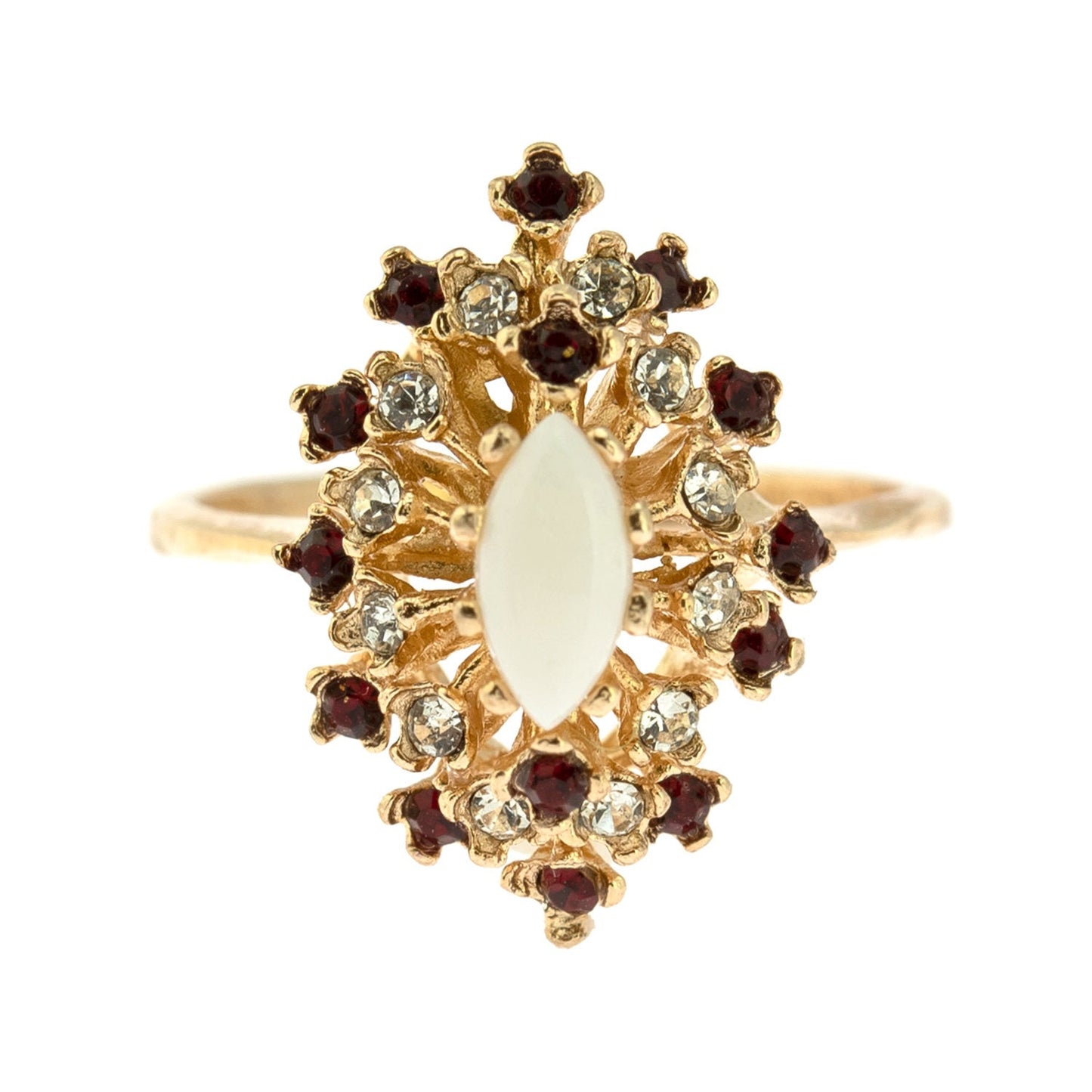 Vintage Ring Genuine Opal with Clear and Ruby Austrian Crystals 18kt Yellow Gold Electroplated