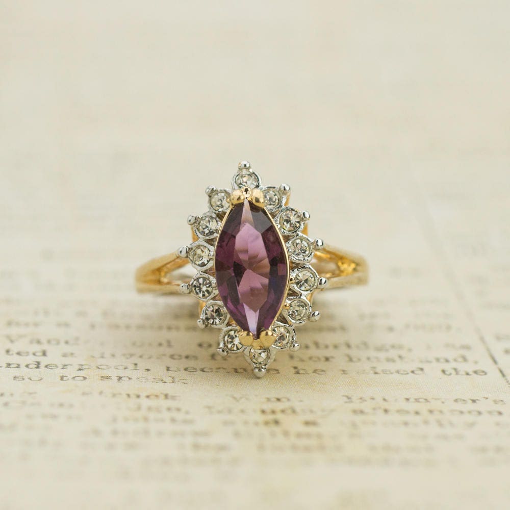 Vintage Amethyst and Clear Swarovski Crystals 18k Yellow Gold Plated February Birthstone Made in USA #R1891