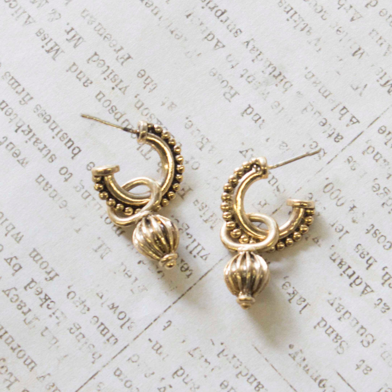 Vintage Oscar De La Renta Antiqued Gold Tone Textured Hoops with Removable Dangling Charms Earrings