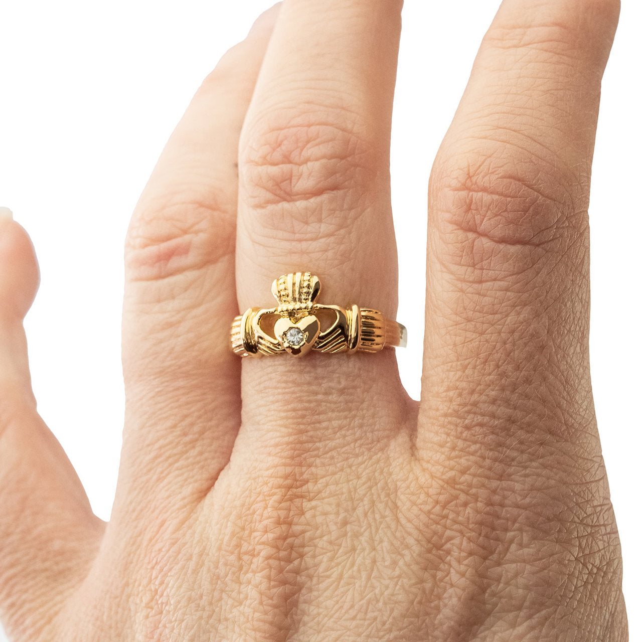 Vintage Jewelry Clear Austrian Crystal Claddagh Ring 18k Yellow Gold Electroplated Made in the USA