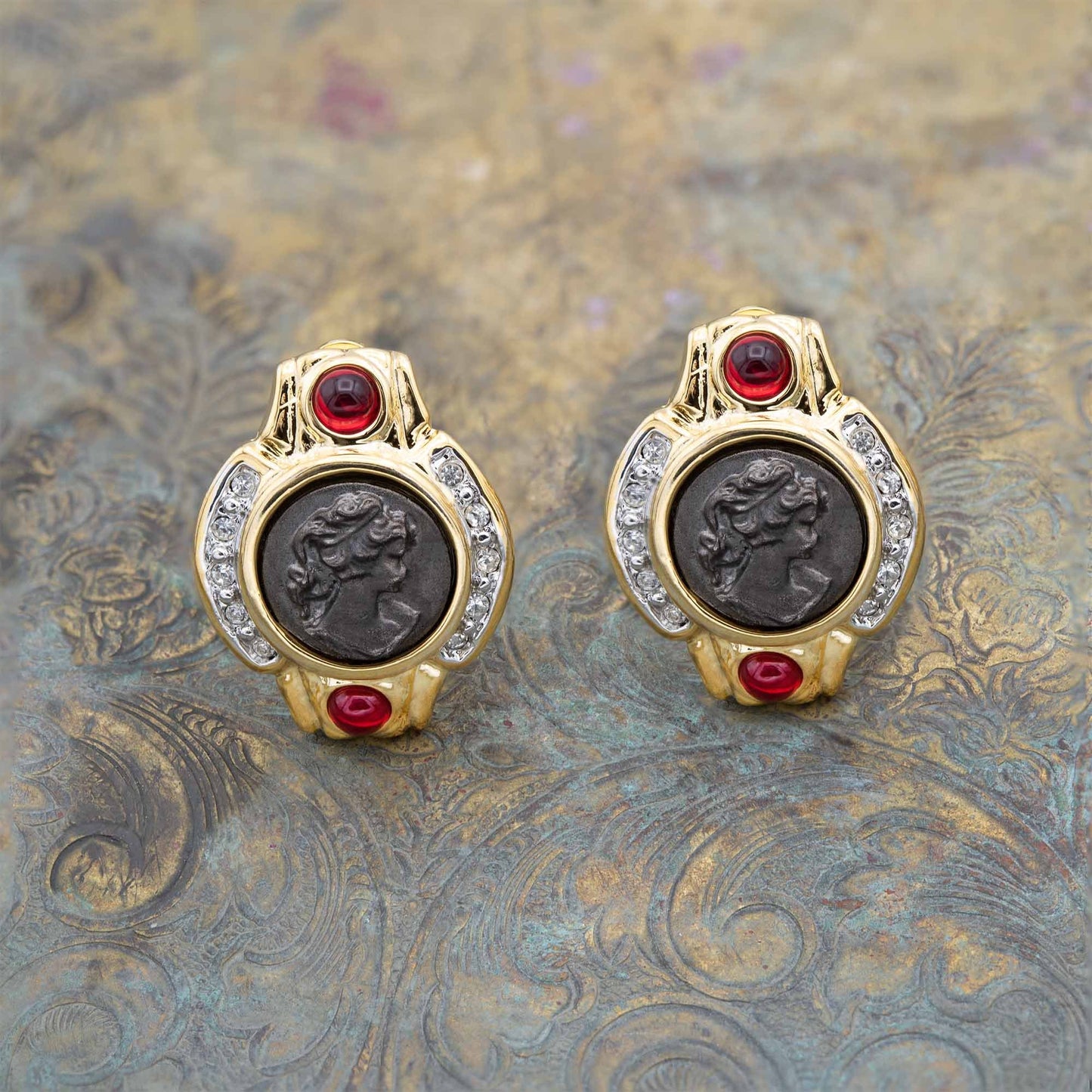 Anastasia Vintage Antique Gold Earrings Coin with Ruby and Clear Crystals E4089-CY