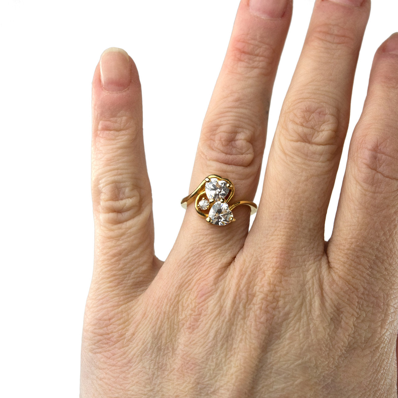 Vintage Ring Cubic Zirconia Double Heart Ring 18k Gold Antique Womans Handmade Jewelry R2342