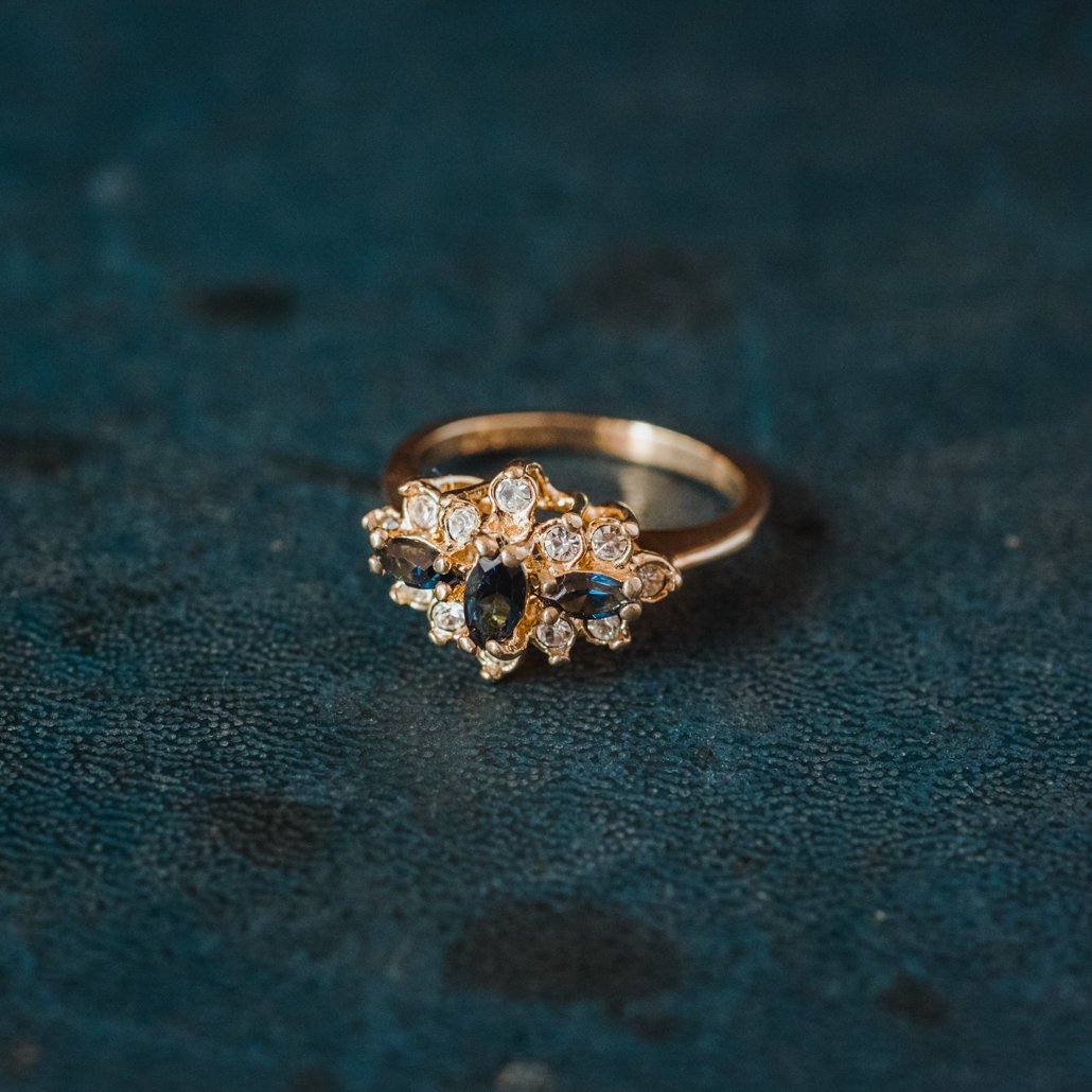 Vintage Ring Genuine Stone or Austrian Crystal Cluster 18k Yellow or White Gold Electroplated Made in USA