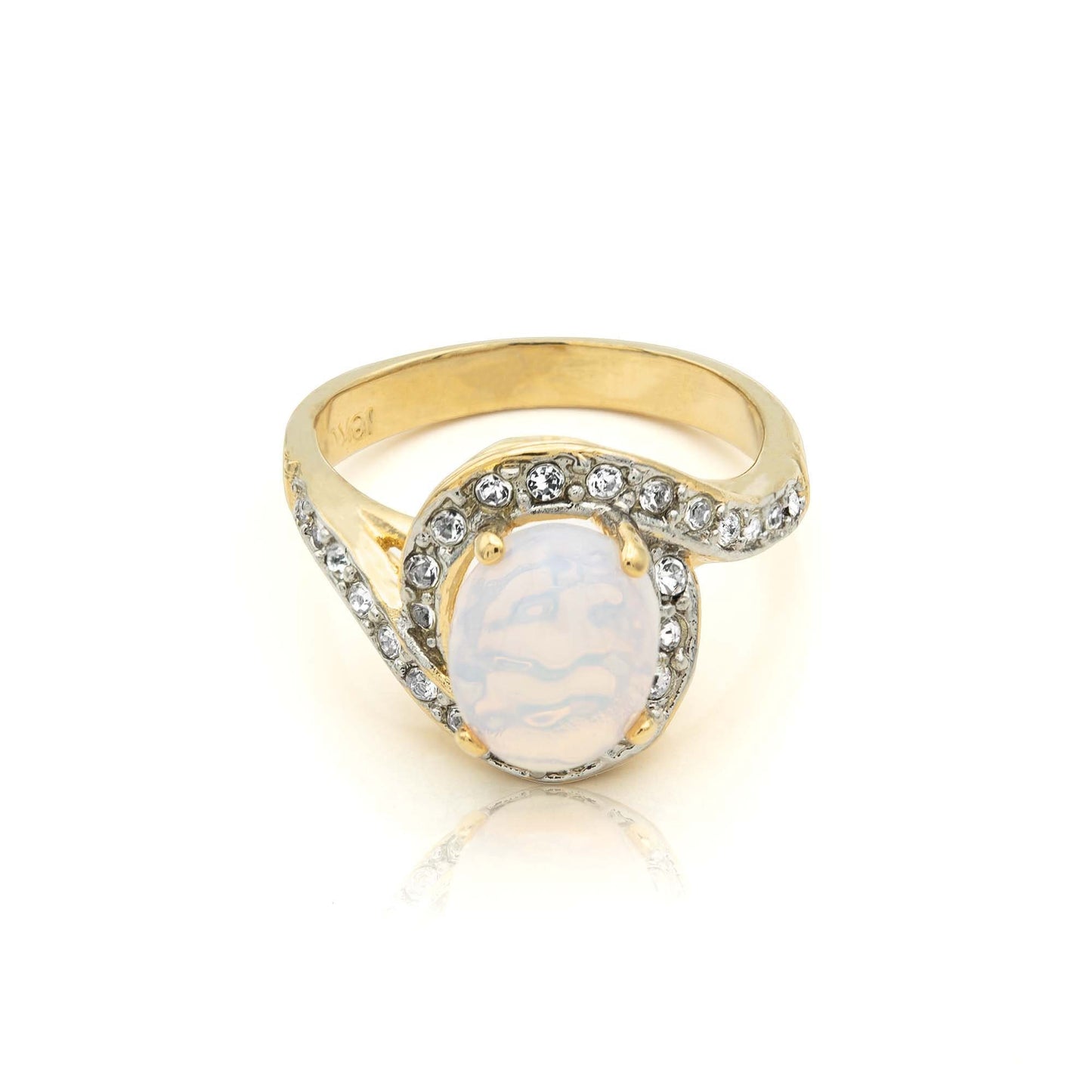 Vintage Ring 1980's Jelly Opal Ring with Clear Swarovski Crystals 18k Gold Womens Jewelry R9011 SIZE 6