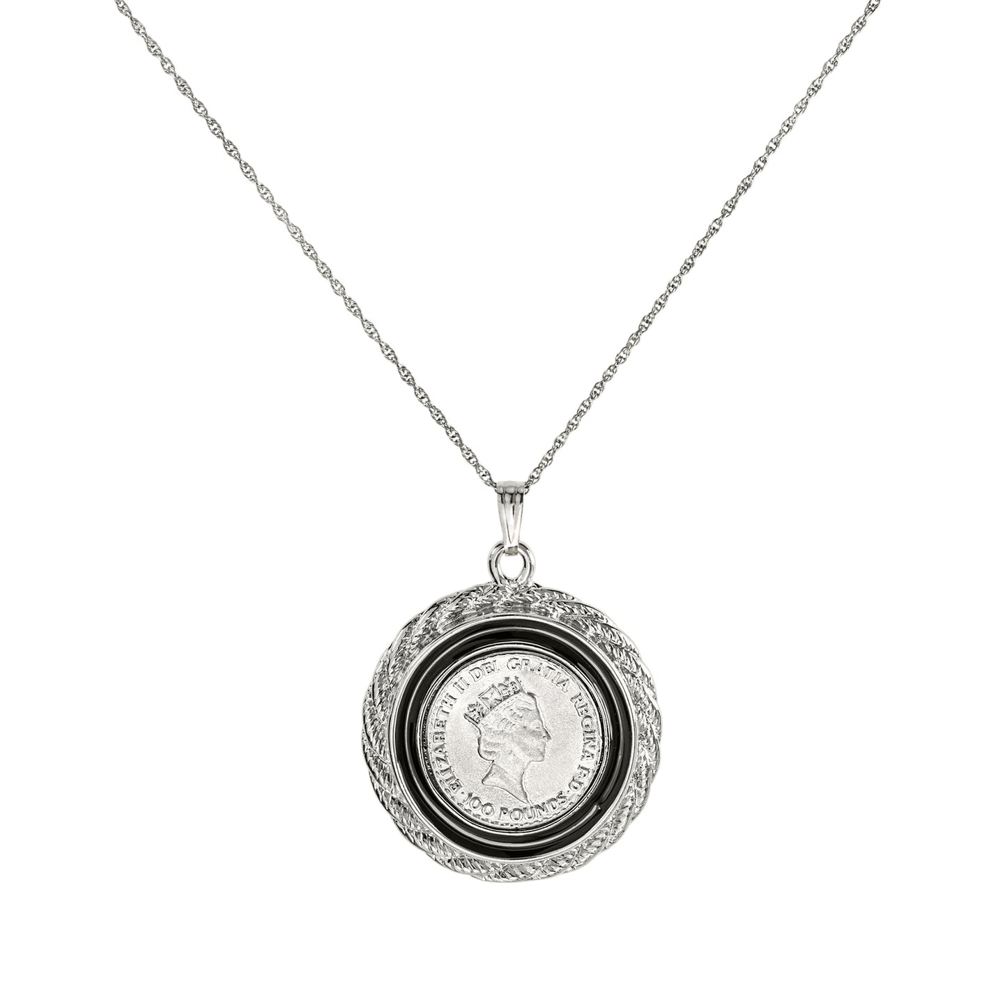 Vintage Queen Elizabeth II 100 Pound Coin Money Pendant Necklace Antique 18k White Gold Silver N785-W