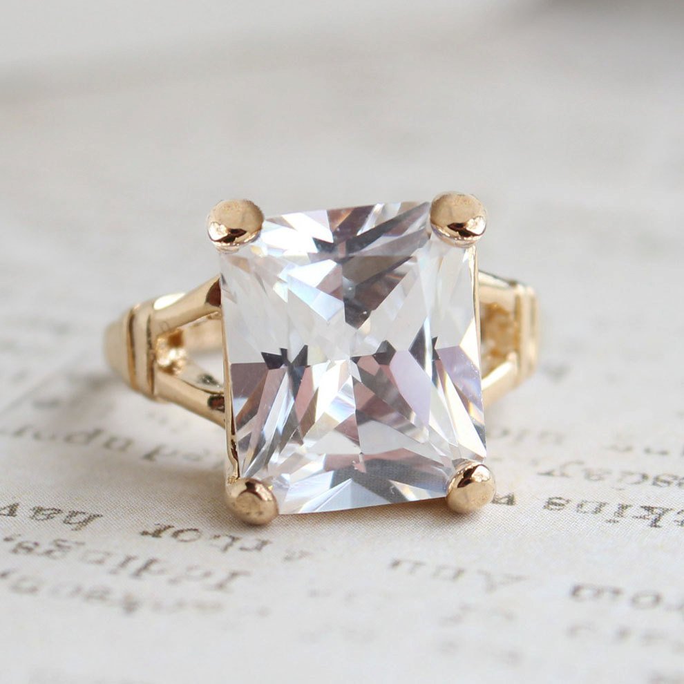 Vintage Ring Emerald Swarovski Crystal Ring 18k Gold Antique Womans Jewelry Handmade Size Emerald R3825