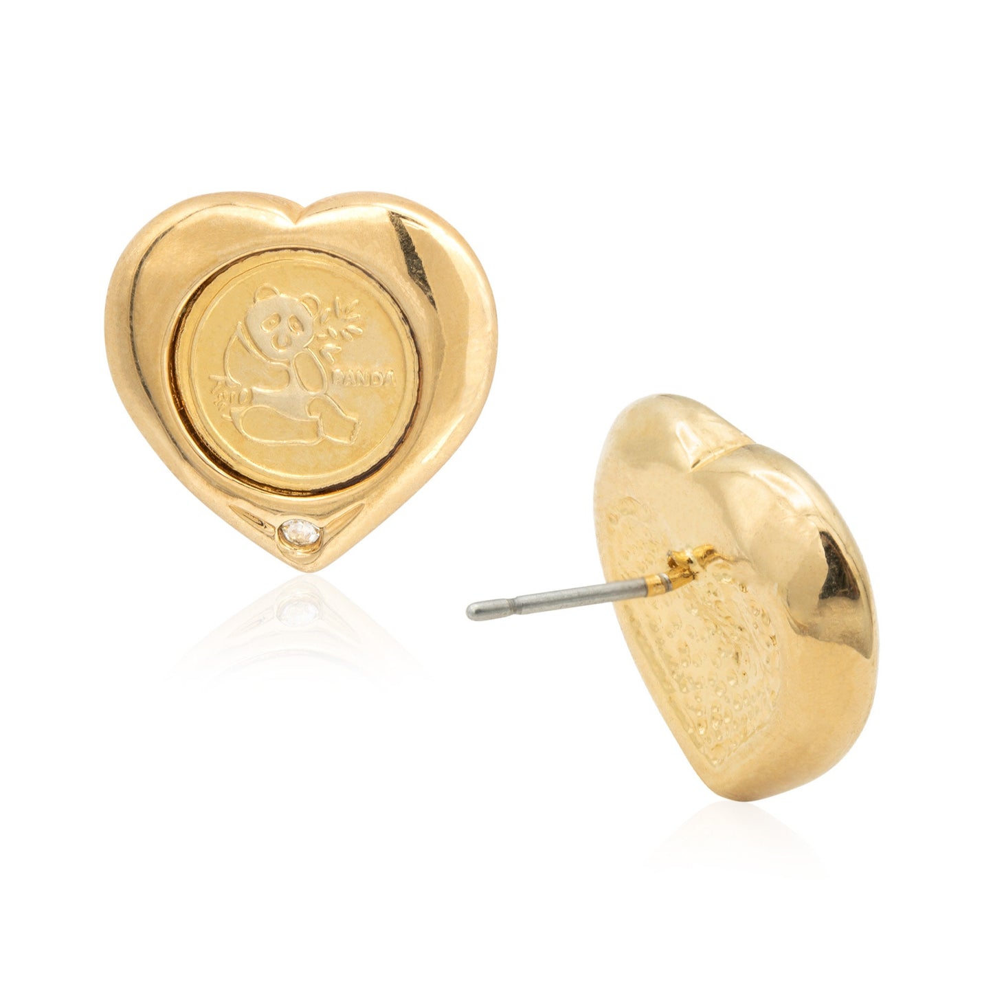 Vintage Panda Bear Heart Earrings with Diamond Chip 18k Gold Electroplated Handcrafted Made in USA