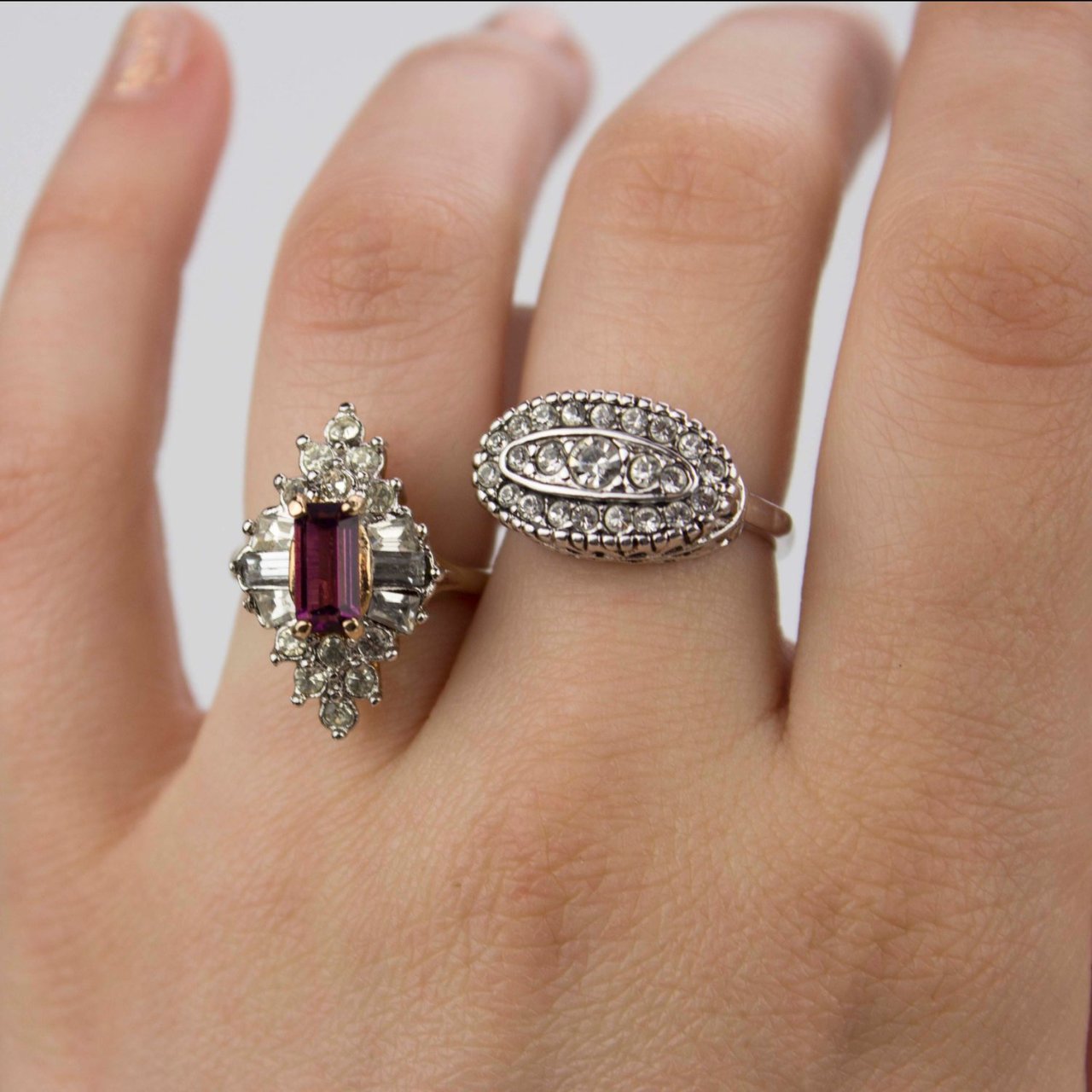 Vintage Jewelry Ruby or Clear Cubic Zirconia Cocktail Ring 18k Yellow Gold Electroplated Made in the USA