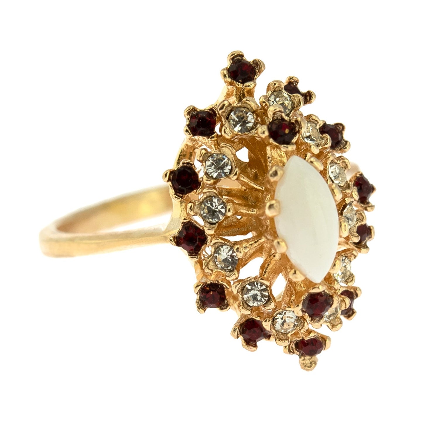 Vintage Ring Genuine Opal with Clear and Ruby Austrian Crystals 18kt Yellow Gold Electroplated