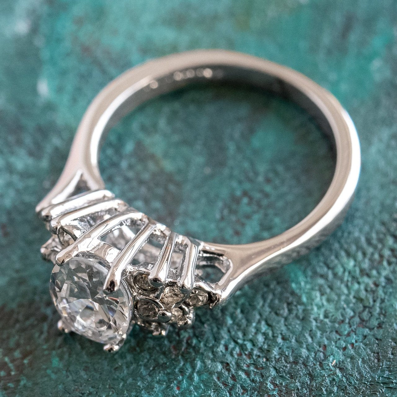 Vintage 1980's Cubic Zirconia Ring with Clear Austrian Crystals 18k Yellow Gold Electroplated