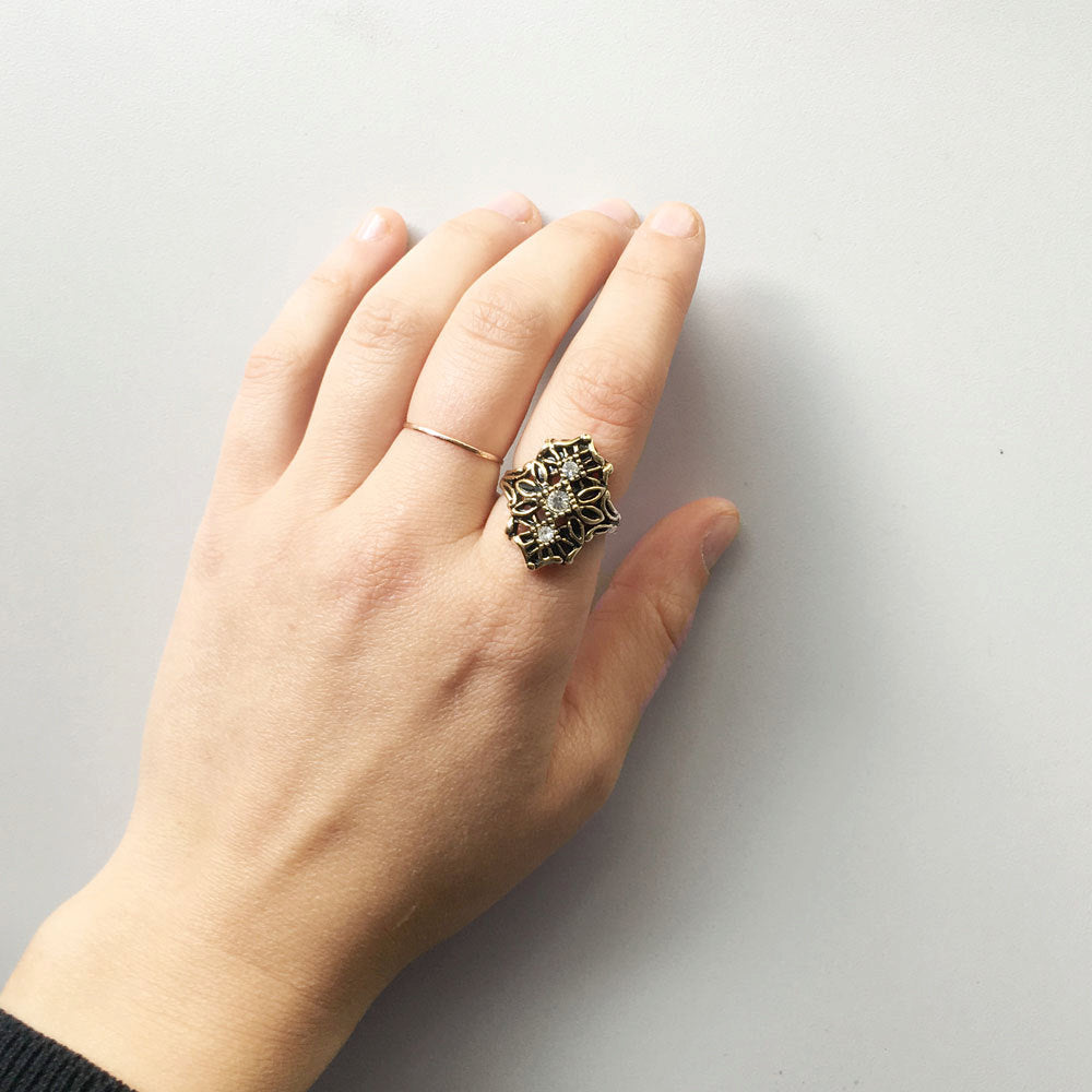 Vintage Edwardian Style Ring Antique 18k Yellow Gold Electroplated Clear Austrian Crystals Size: 7