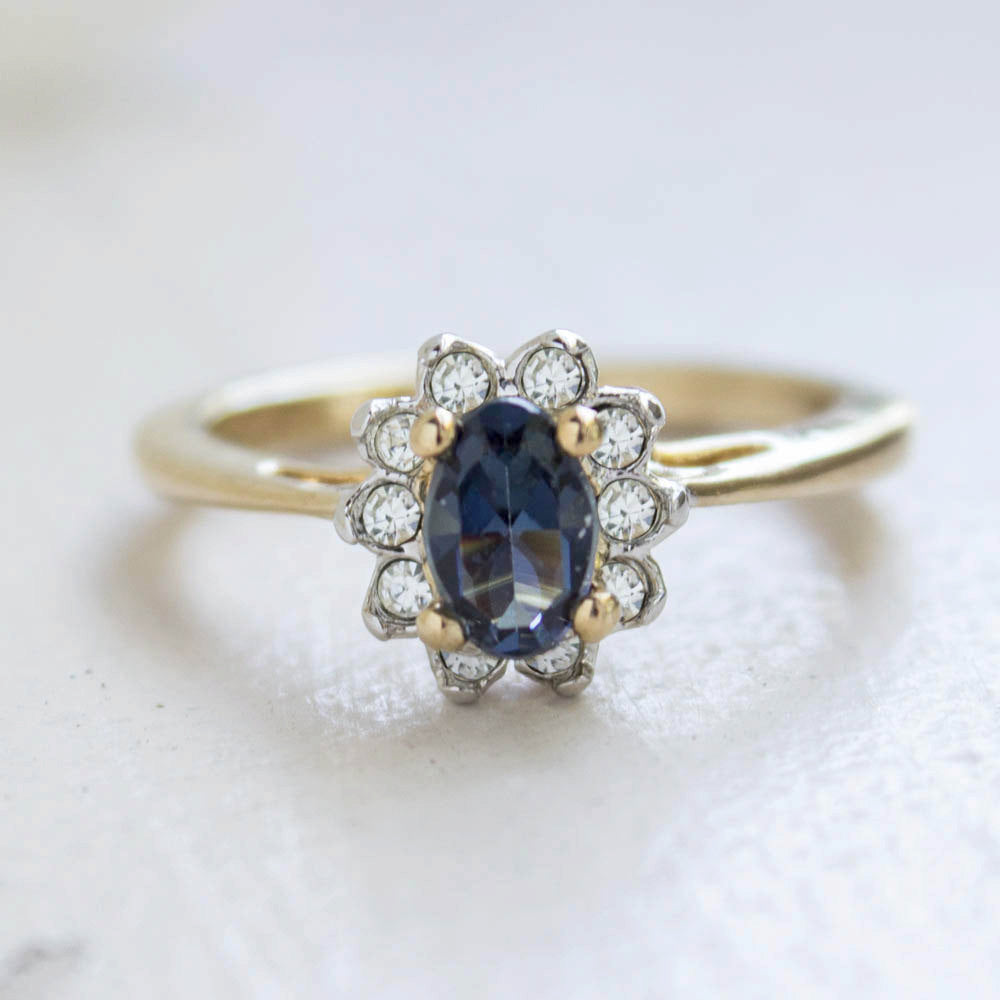 Vintage Genuine Opal or Austrian Crystal Ring 18k Yellow Gold Electroplated