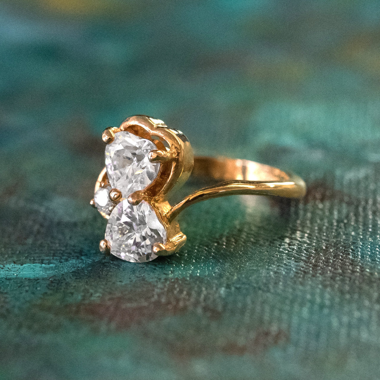 Vintage Ring Cubic Zirconia Double Heart Ring 18k Gold Antique Womans Handmade Jewelry R2342