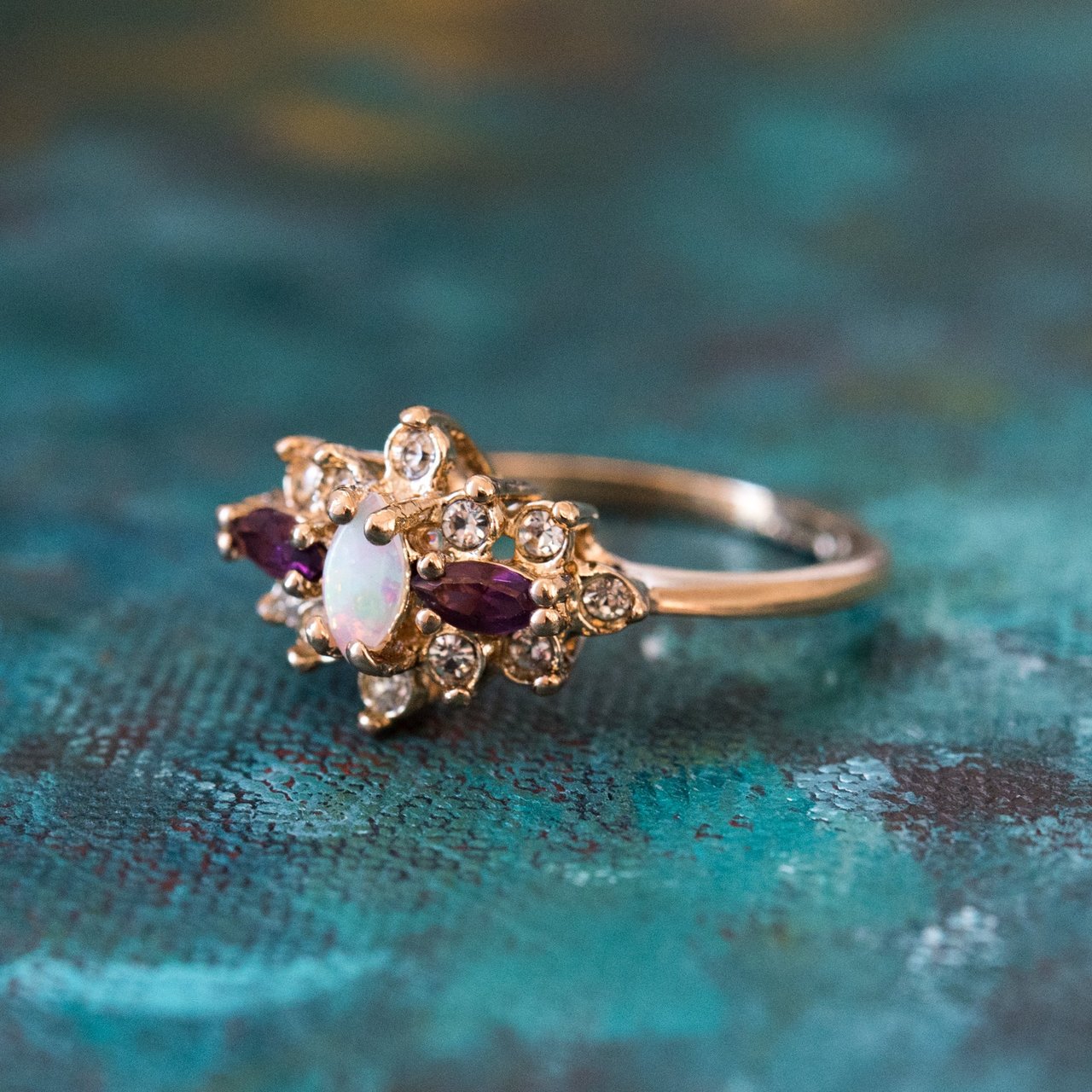 Vintage Ring Genuine Stone or Austrian Crystal Cluster 18k Yellow or White Gold Electroplated Made in USA