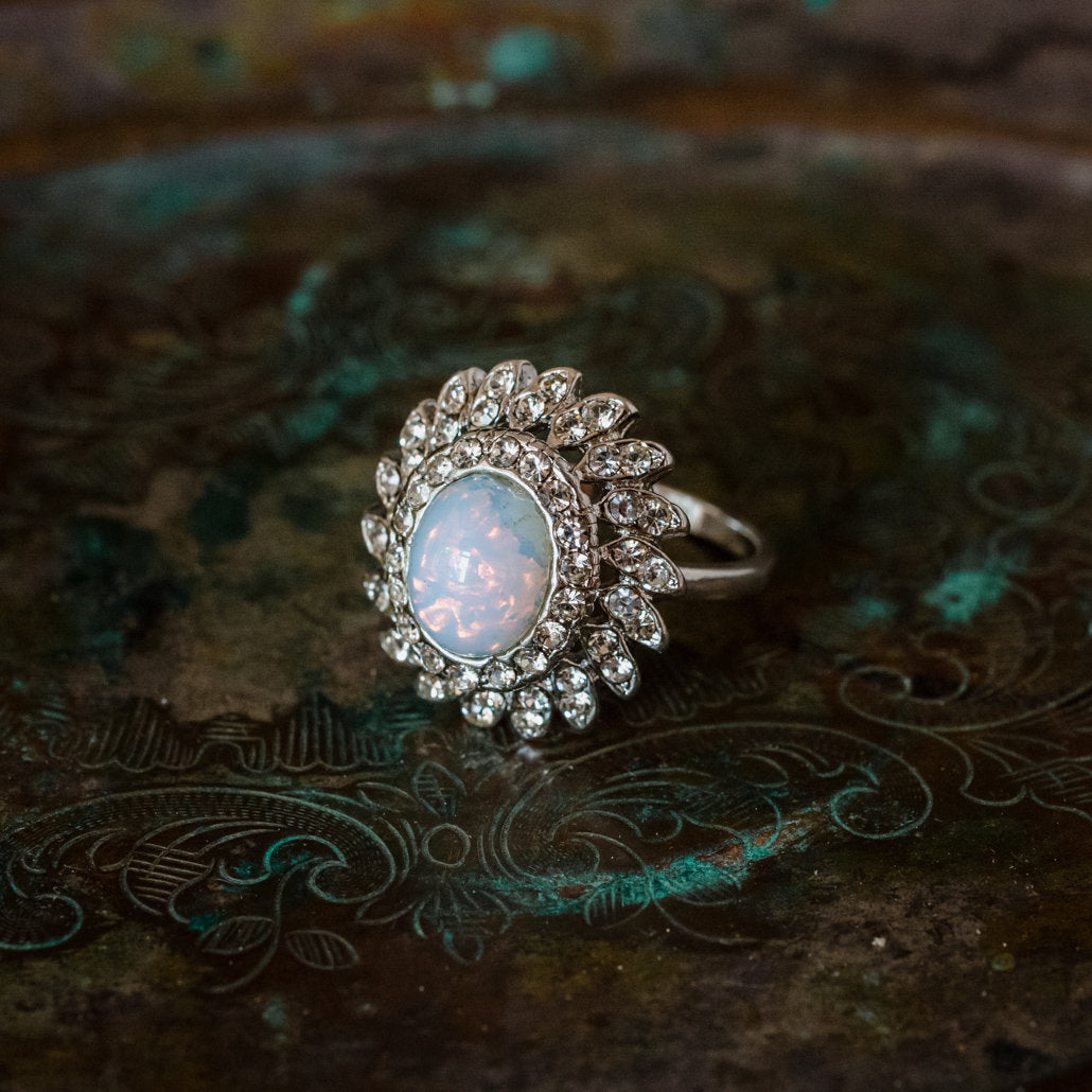 Vintage Jewelry Pinfire Opal Cocktail Ring in a 18k Gold Electroplated Setting Made in the USA