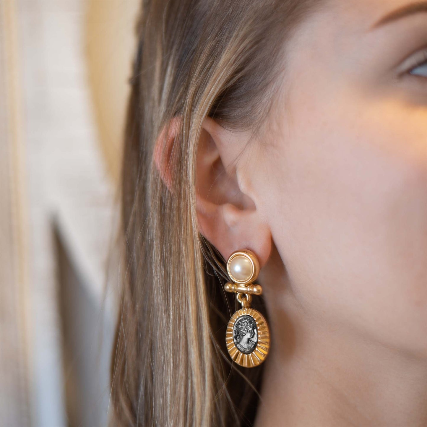 Elizabeth Vintage Gold Antique Pearl and Black Coin Cameo Dangle Earrings