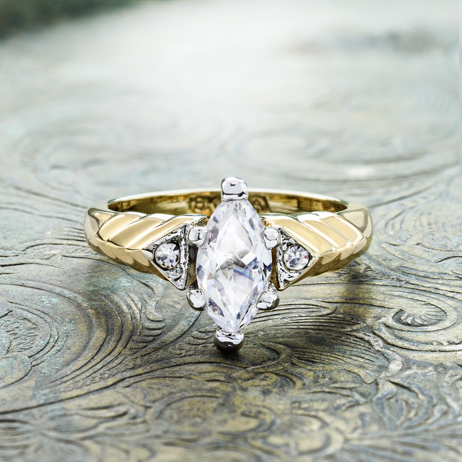 Vintage Ring 1980s 18k Gold Plated Marquis Shaped Cubic Zirconia