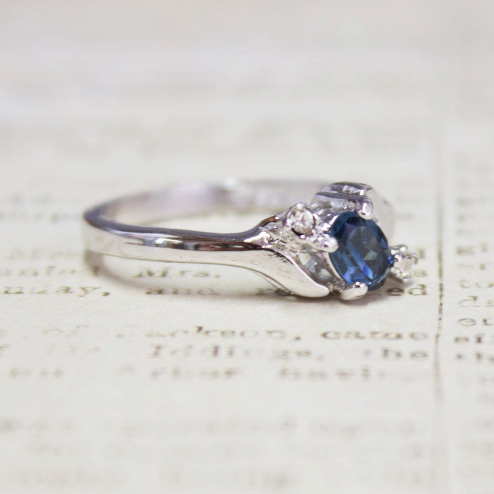 Vintage Ring Sapphire & Clear Austrian Crystals 18k White Gold Electroplated September Birthstone