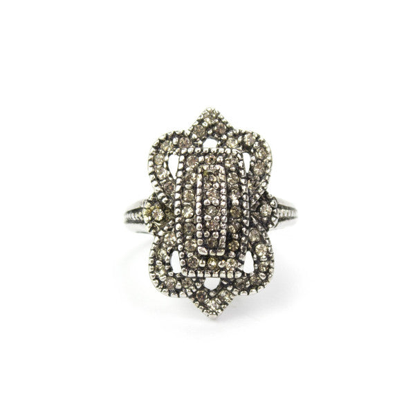 Vintage Antiqued 18k Yellow Gold Electroplated Ring with Clear Austrian Crystals Made in USA