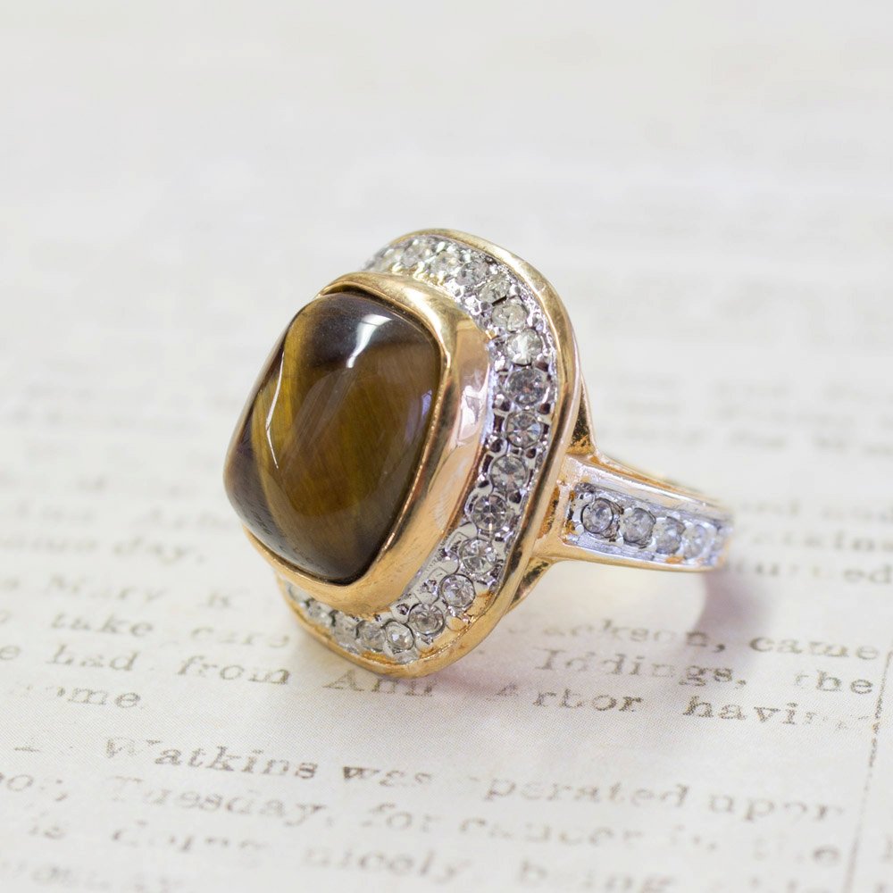 Vintage Ring Genuine Tiger Eye Swarovski Crystals 18k Gold Cocktail Ring #R1974 Size: 10