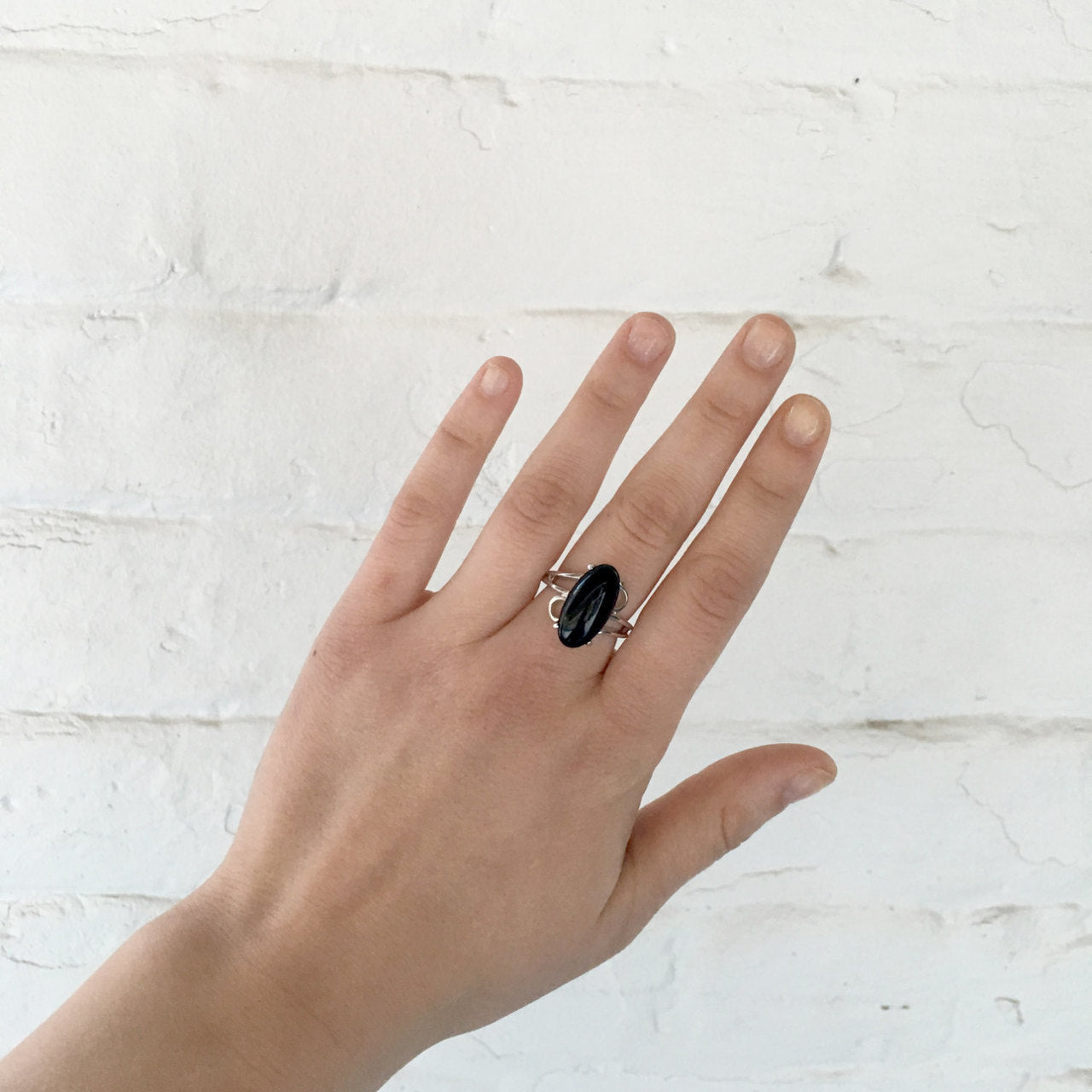 Vintage Ring Genuine Onyx 18k White Gold Electroplated Cocktail Ring Made in USA
