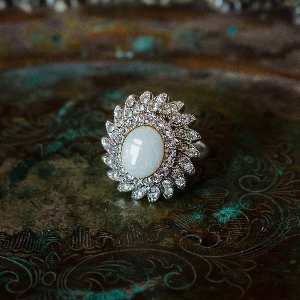 Vintage Jewelry Pinfire Opal Cocktail Ring in a 18k Gold Electroplated Setting Made in the USA