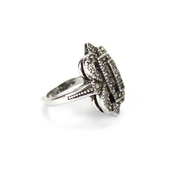 Vintage Antiqued 18k Yellow Gold Electroplated Ring with Clear Austrian Crystals Made in USA
