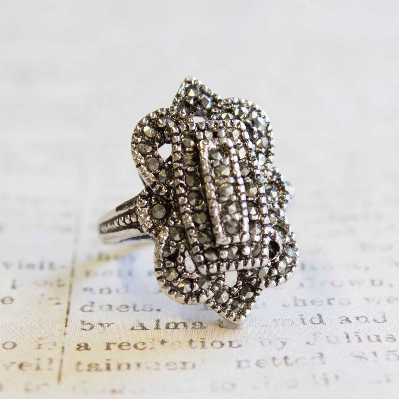 Vintage Ring Genuine Marcasite Antiqued 18k White Gold Electroplated Made in USA