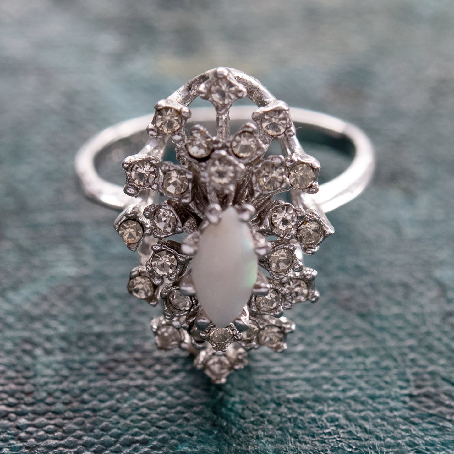 Vintage Ring Genuine Opal with Clear and Ruby Austrian Crystals 18kt Yellow Gold Electroplated