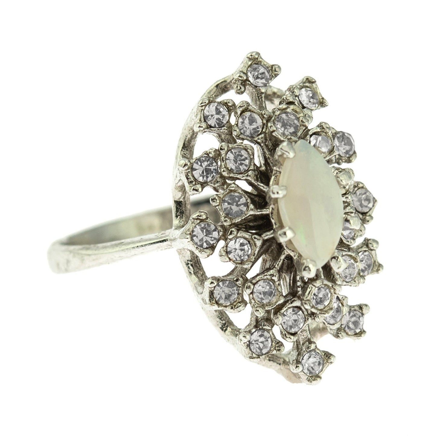 Vintage Ring Genuine Opal with Clear and Ruby Austrian Crystals 18kt Yellow Gold Electroplated
