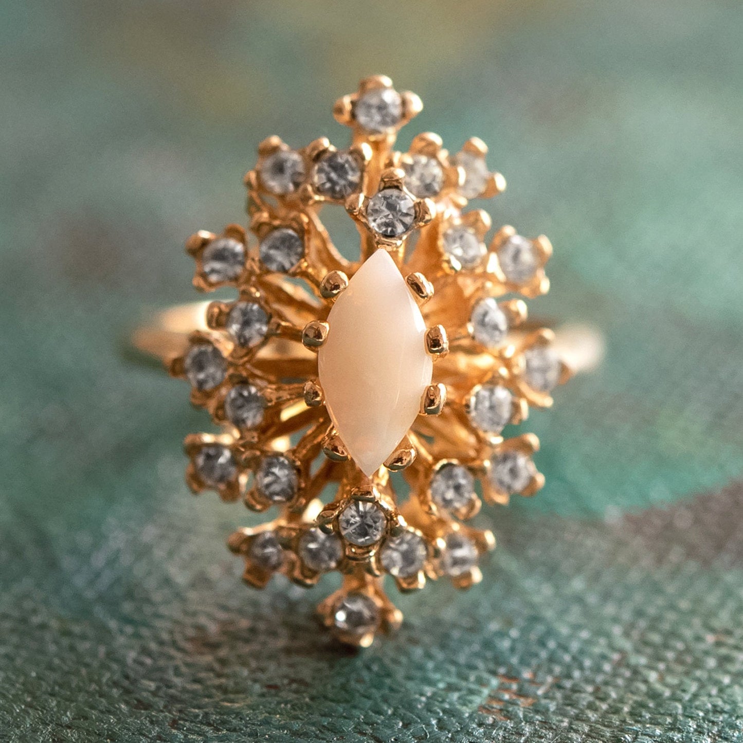 Vintage Ring Genuine Opal with Clear and Ruby Austrian Crystals 18kt Yellow Gold Electroplated