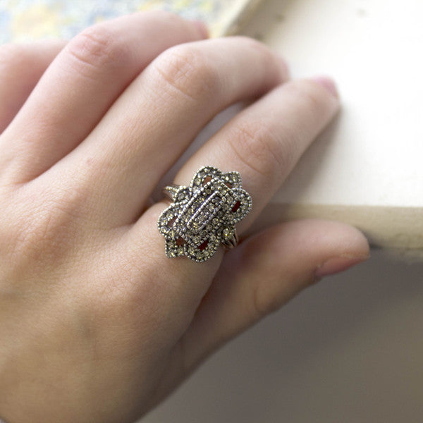 Vintage Antiqued 18k Yellow Gold Electroplated Ring with Clear Austrian Crystals Made in USA