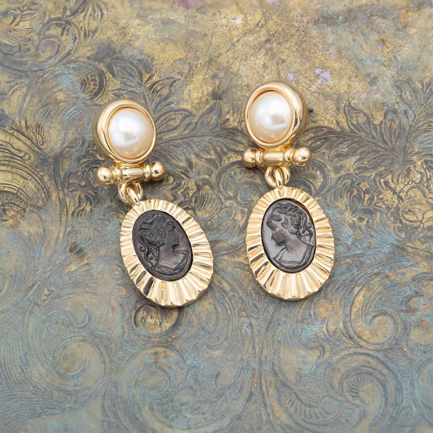Elizabeth Vintage Gold Antique Pearl and Black Coin Cameo Dangle Earrings
