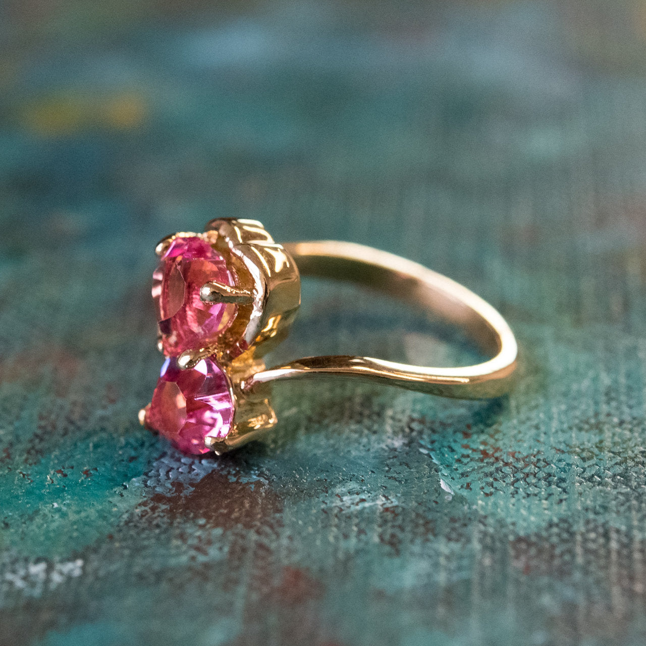 Vintage Ring Cubic Zirconia Double Heart Ring 18k Gold Antique Womans Handmade Jewelry R2342