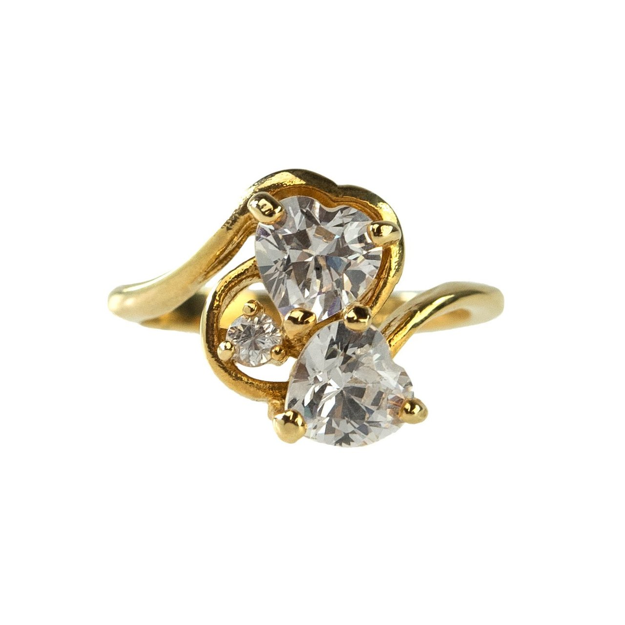 Vintage Ring Cubic Zirconia Double Heart Ring 18k Gold Antique Womans Handmade Jewelry R2342