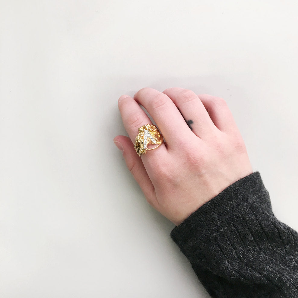 Vintage 1970s Horse Head Ring with Austrian Crystals Accents 18k Gold Electroplated Made In USA Size: 10