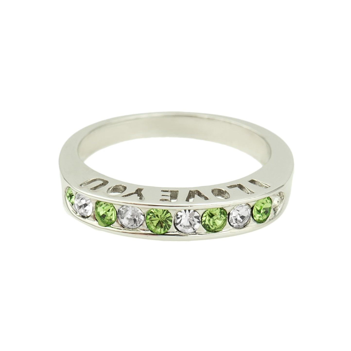 Vintage Ring 1980s I Love You Ring Band Ring Peridot and Clear Swarovski Crystals Imported #R4578-PW Size: 7