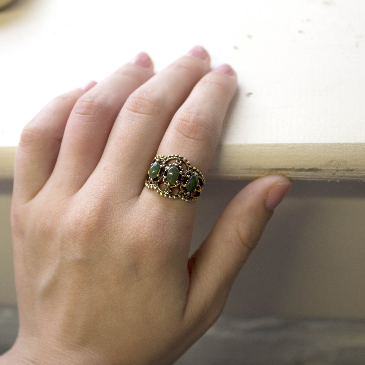 Vintage Genuine Jade Cabochon Stones Cocktail Ring - 18kt Yellow Gold Electroplated - Made in the USA